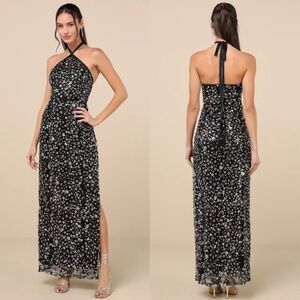 Lulus Edalene Black Mesh Sequin Beaded Halter Maxi Dress Wedding Holiday Party